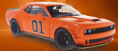 Voiture-miniature-Dodge-Challenger-R/T-Scat-Pack-Widebody-2023-orange-numéro-01-édition-Tribute-Hazzard